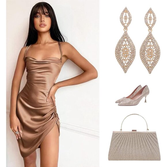 Women's Champagne Rhinestone Crystal Long Leaf Dangle Chandelier Earrings - Picture 4 of 7